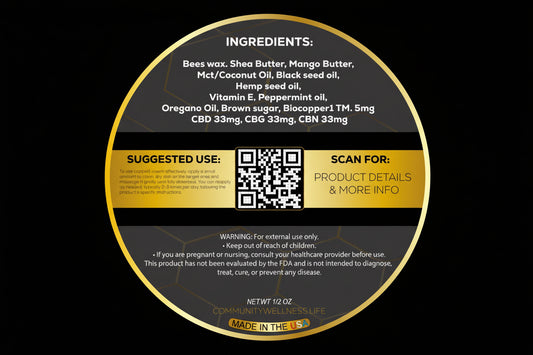 Round label with product ingredients and suggested use on a white background