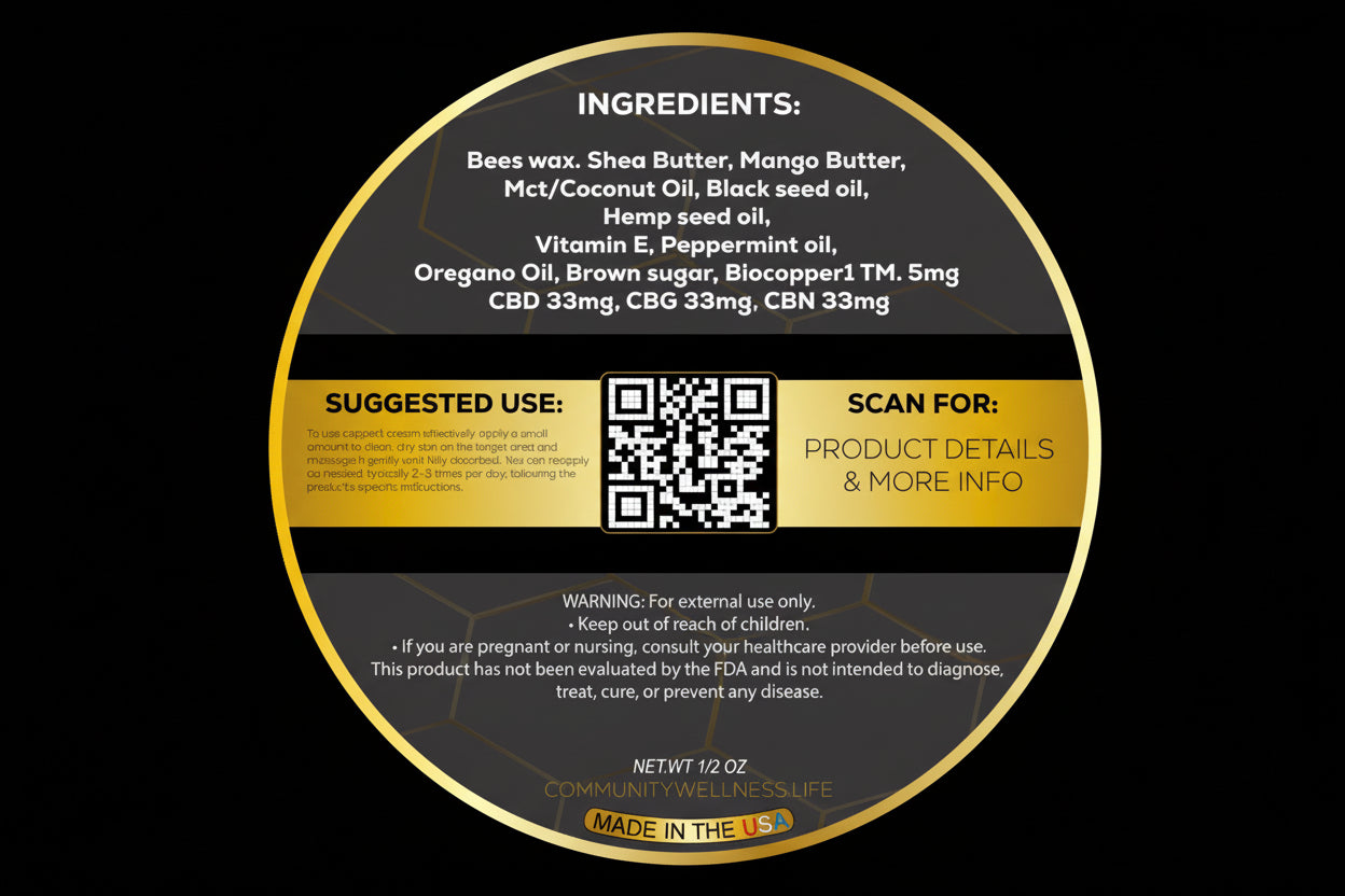 Round label with product ingredients and suggested use on a white background