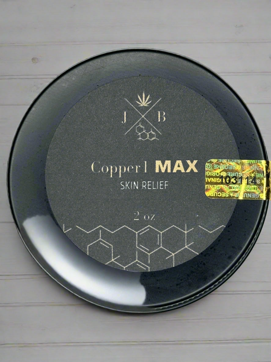 Copper MAX Skin Relief container with branding on a light gray background
