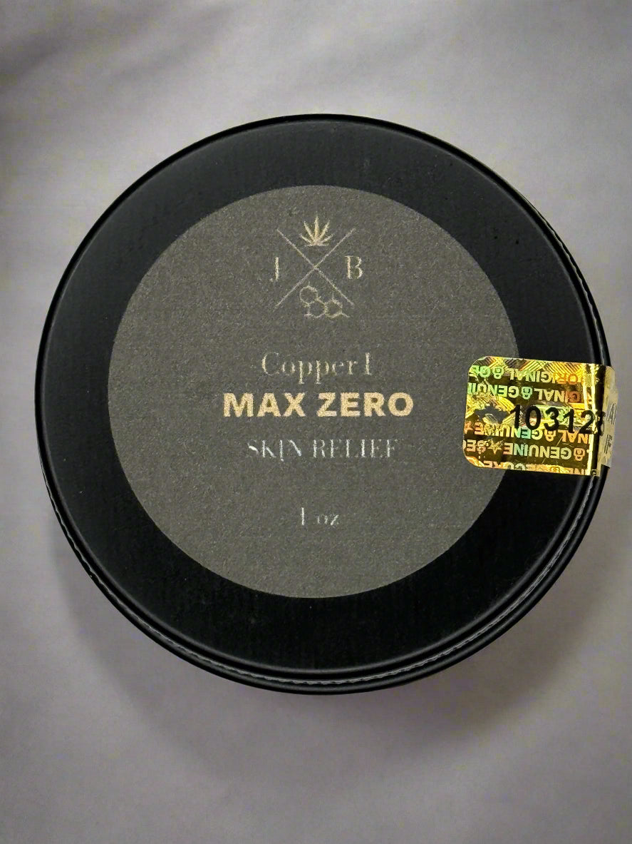 Black container labeled 'Copper Max Zero Skin Relief' with a gold label on a white background