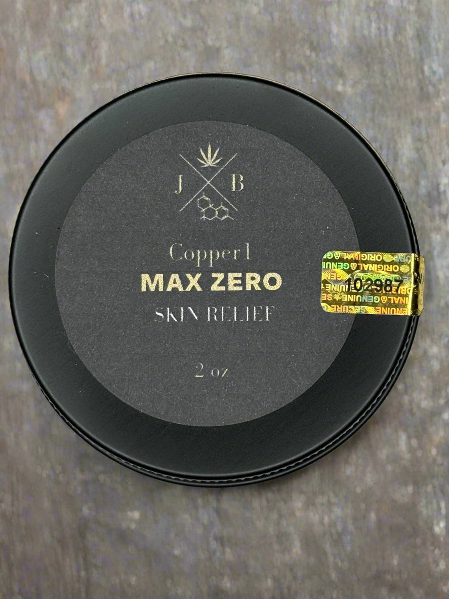 Black container labeled 'Copper L MAX ZERO Skin Relief' with a gold label on a white background