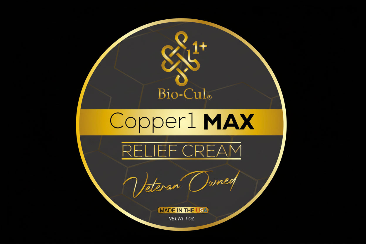 Bio-Cul Copper1 MAX Relief Cream container with gold and black design