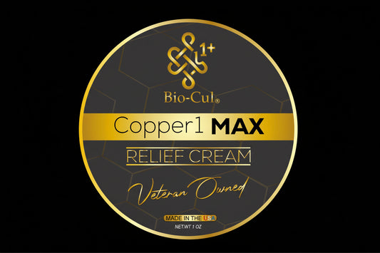 Bio-Cul Copper1 MAX Relief Cream container with gold and black design