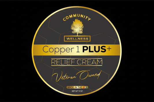 Copper 1 Plus+ Relief Cream label with 'Community Wellness' branding on a black background.