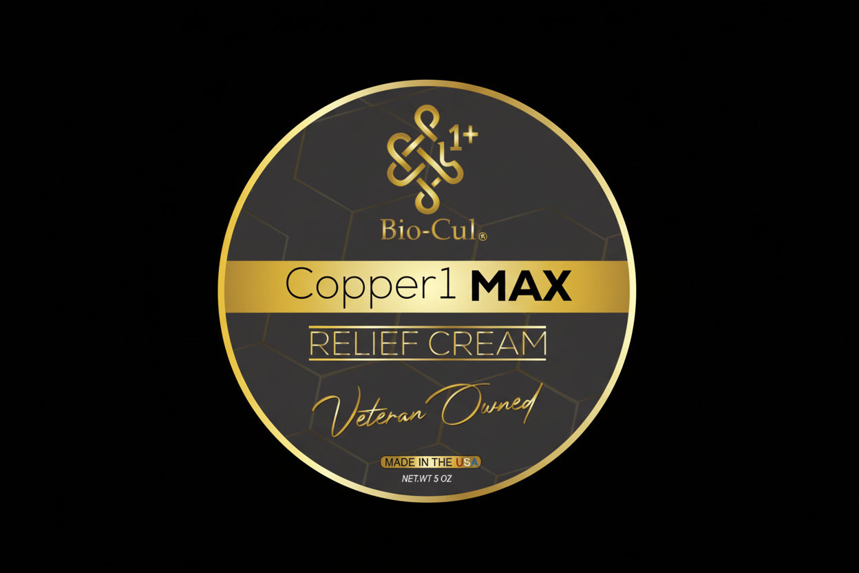 Bio-Cul Copper1 MAX Relief Cream label with gold and black design