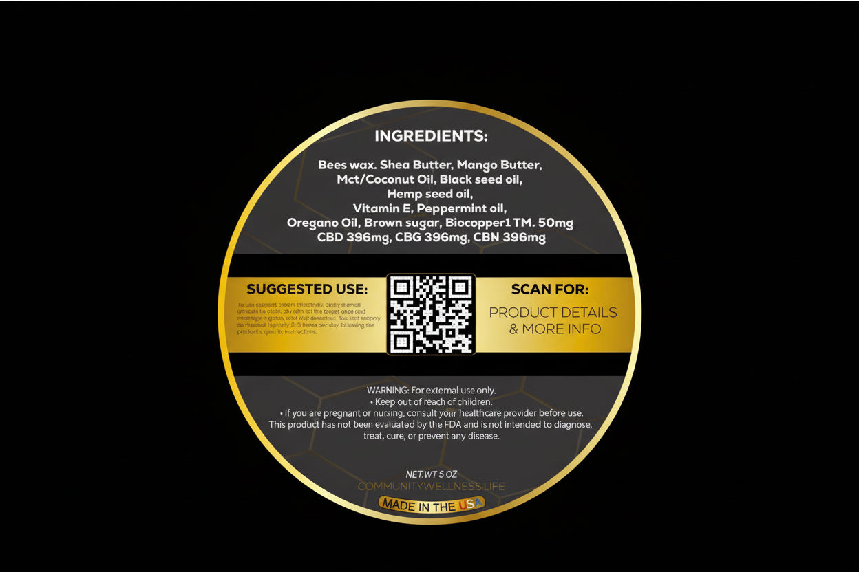 Round label with product ingredients and suggested use on a black background