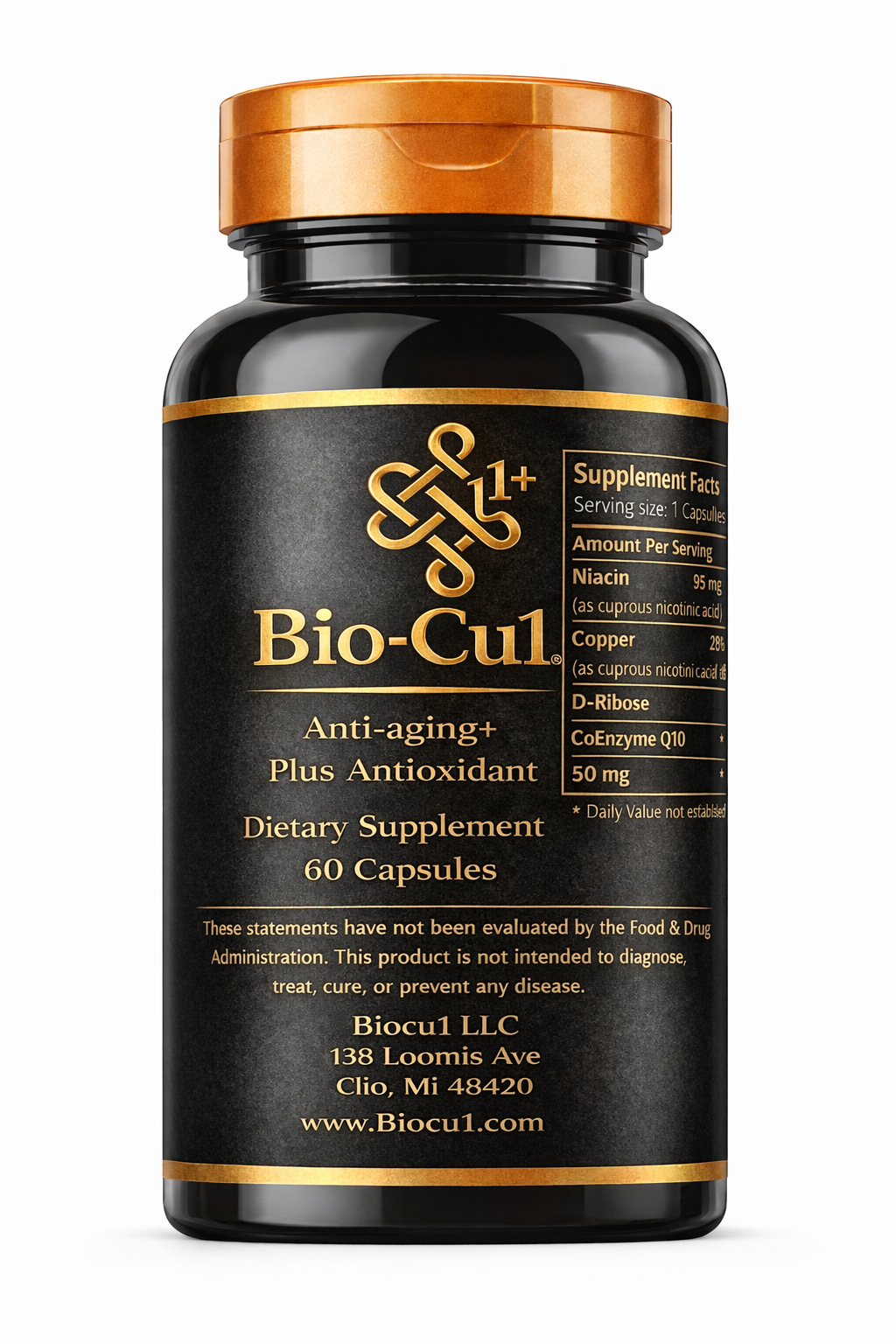 Bio-Cu dietary supplement bottle with black label and gold accents on a white background