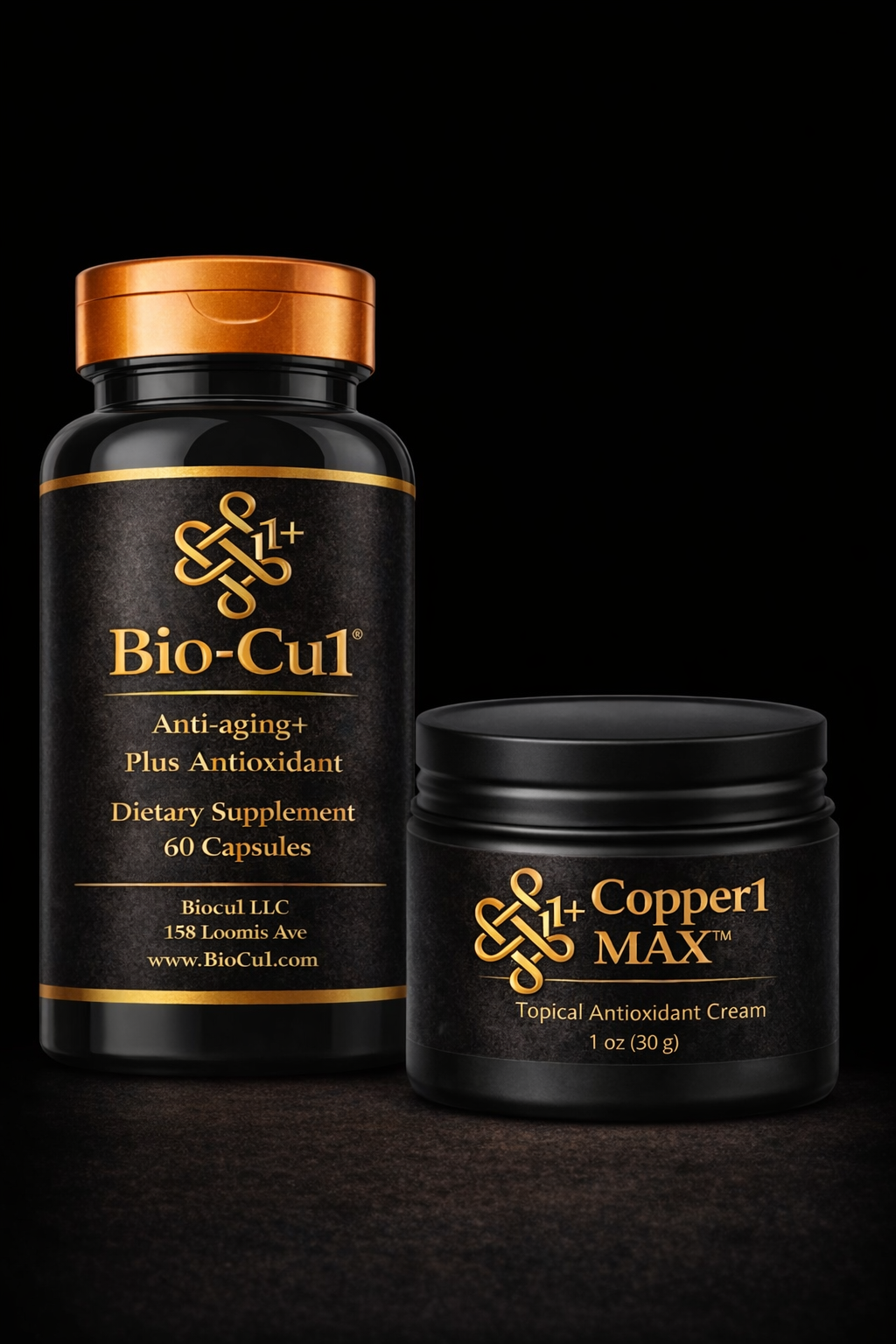 Bio-Cul dietary supplement bottle and Copper1 MAX cream jar on a black background