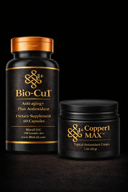 Bio-Cul dietary supplement bottle and Copper1 MAX cream jar on a black background