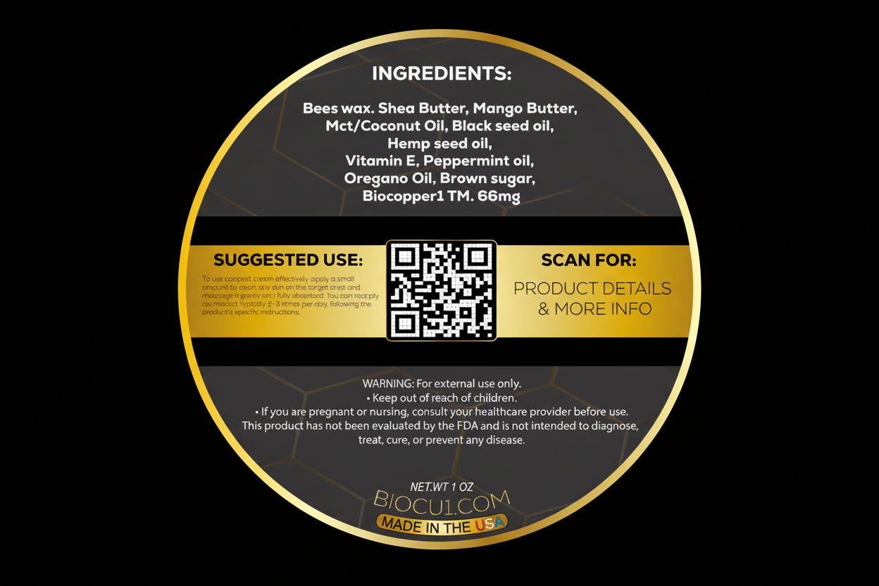Product label with ingredients and suggested use on a black background
