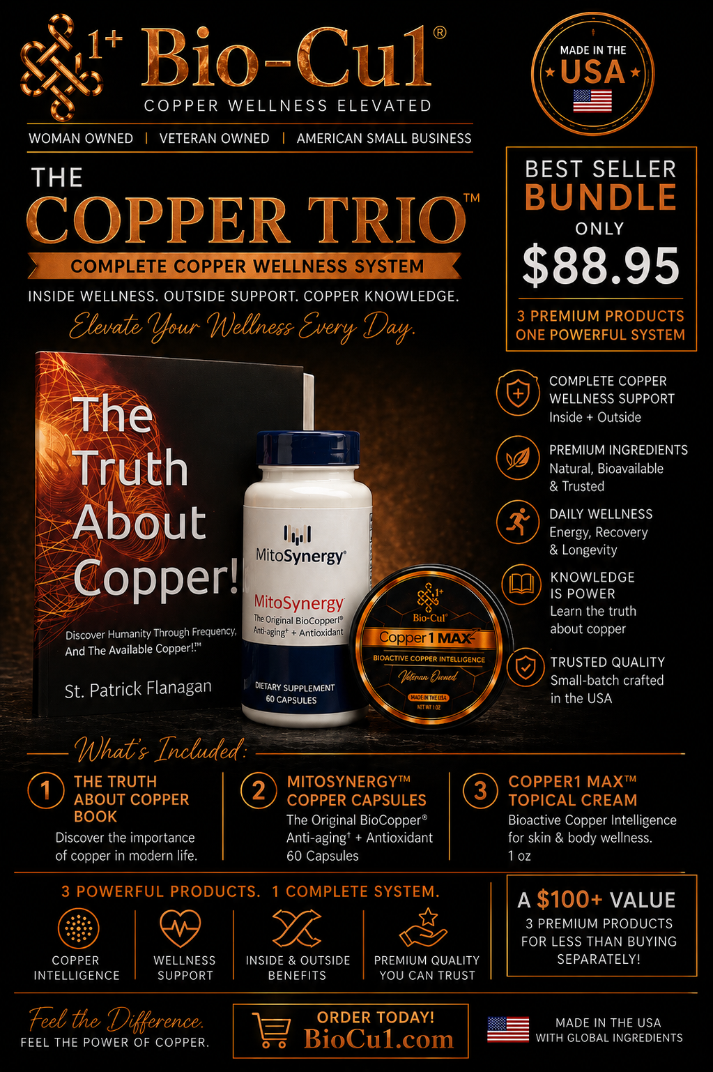 Advertisement for Bio-Cu1 Copper Wellness System with product packaging and text on a dark background.