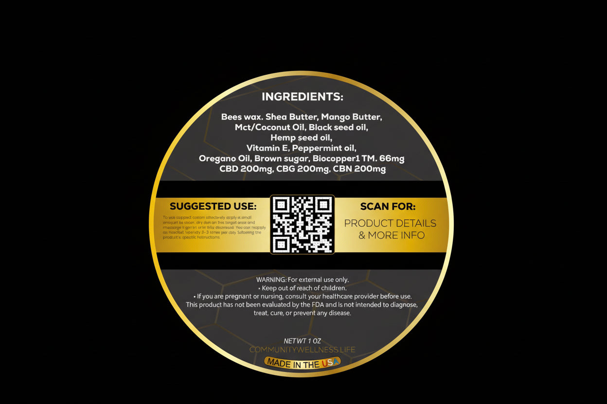 Round label with ingredients and suggested use for a product, featuring a QR code and branding.