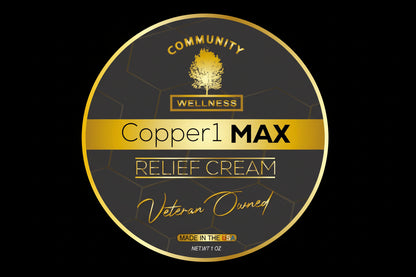 Copper1 MAX Relief Cream container with 'Community Wellness' branding on a black background