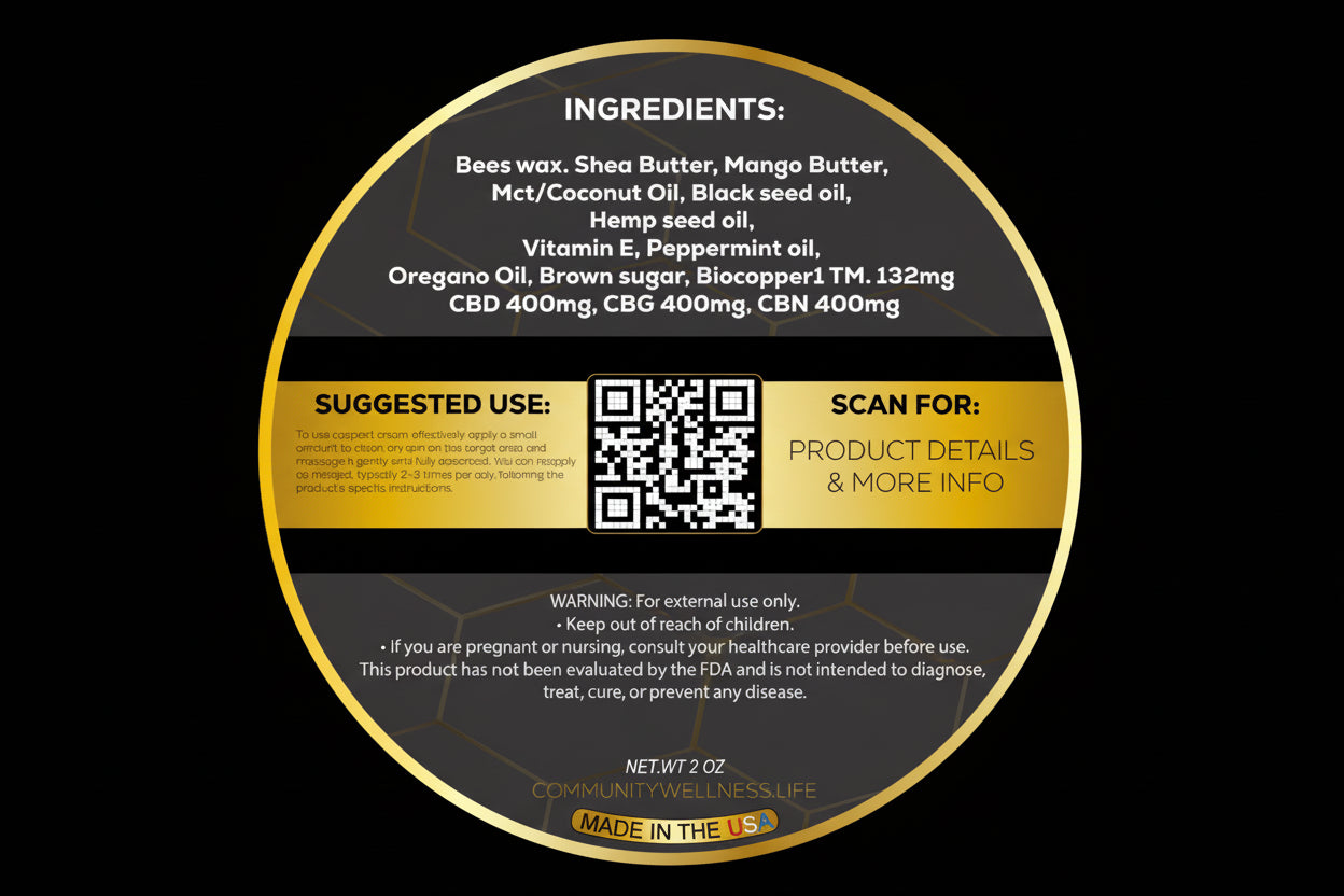 Product label with ingredients and suggested use on a black and gold background