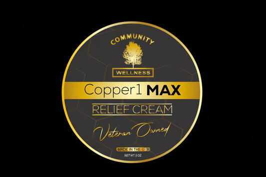 Copper1 MAX Relief Cream label with 'Community Wellness' branding on a black and gold background.
