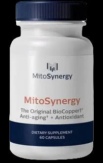 MitoSynergy dietary supplement bottle with blue cap and label