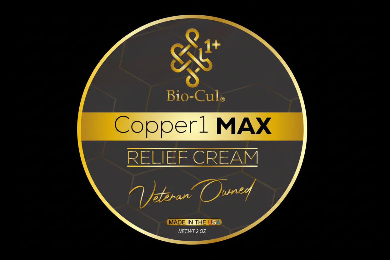 Bio-Cul Copper1 MAX Relief Cream label on a white background